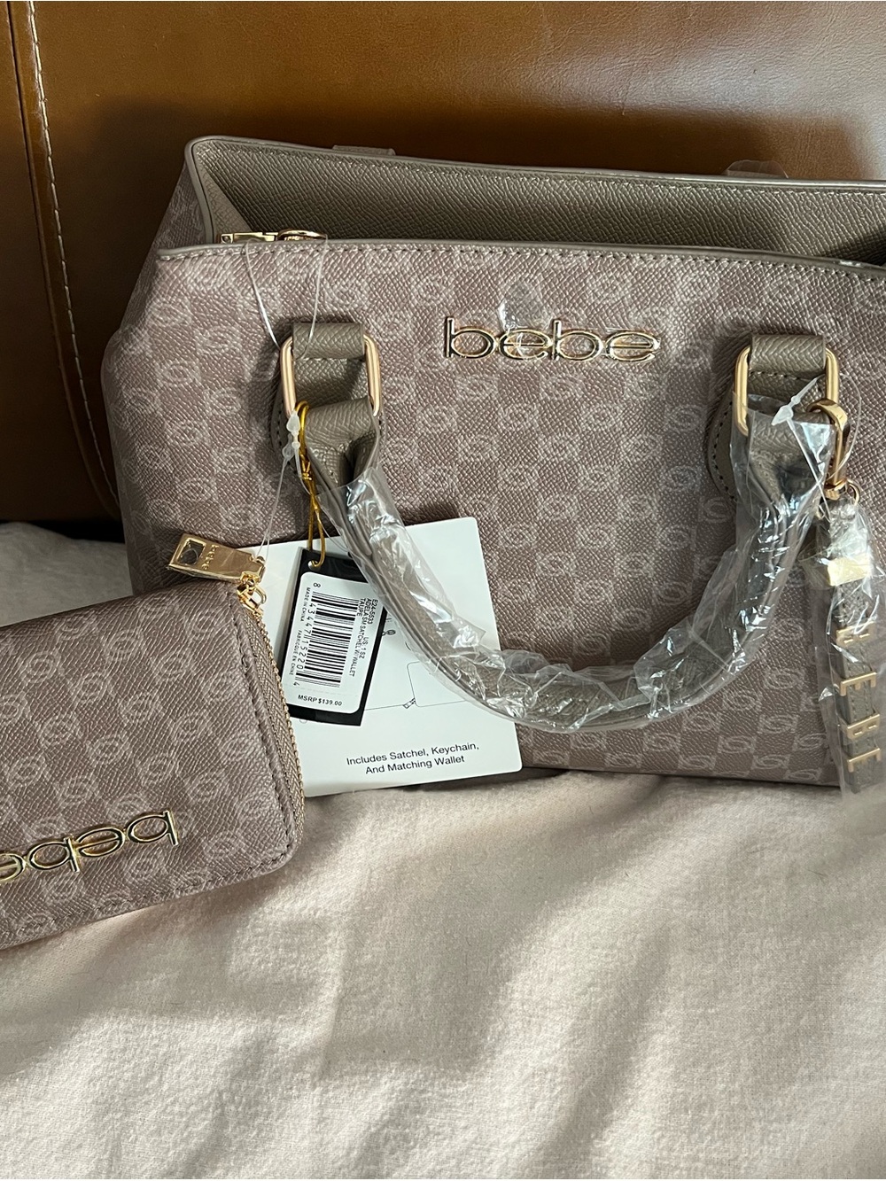 bebe Taupe Logo Satchel with Matching Wallet and Gold Hardware